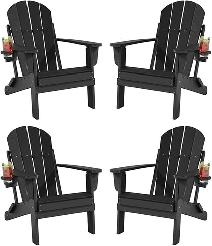 Folding Adirondack Chairs Set of 4, All-Weather Resistant HDPE Patio Firepit Chairs, Sturdy Outside Chairs with Cup Holder, Lawn Chairs, 80% Pre-Installed Load Capacity 385lb, Black