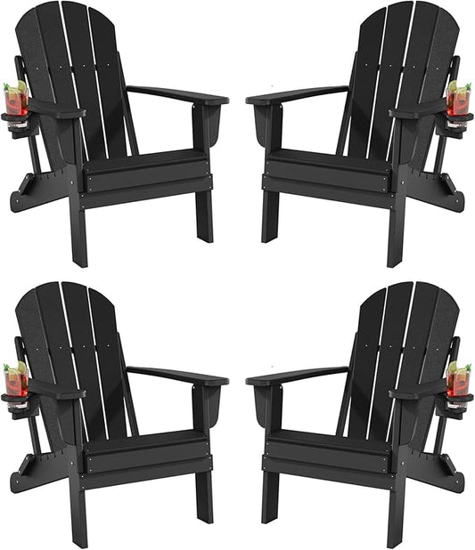 Folding Adirondack Chairs Set of 4, All-Weather Resistant HDPE Patio Firepit Chairs, Sturdy Outside Chairs with Cup Holder, Lawn Chairs, 80% Pre-Installed Load Capacity 385lb, Black