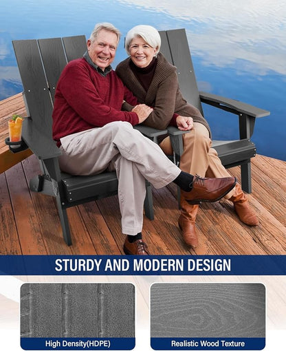 Adirondack Chair with Cup Holder: Folding Adirondack Chairs Plastic HDPE Material Furniture - Modern Composite Fire Pit Chairs Foldable for Outdoor/Backyard/Garden/Lawn/Deck/Porch/Patio