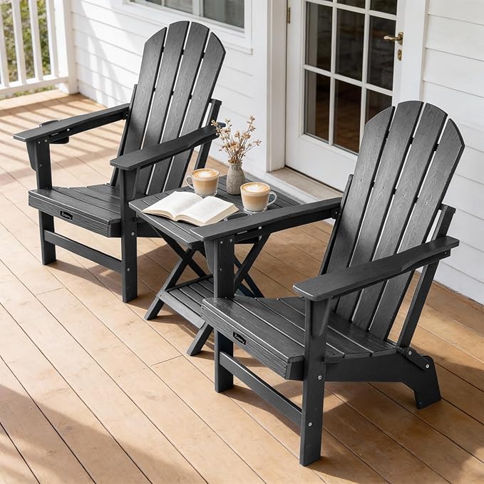 FUNBERRY Folding Adirondack Chair, HDPE Stable Gun-Leg Design Fire Pit Chairs with Cupholder All Weather for Outside