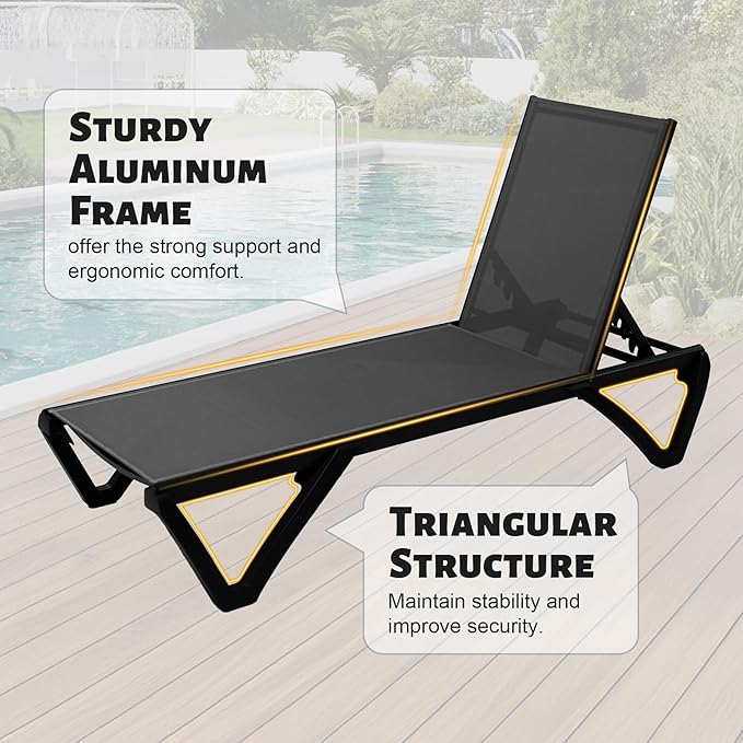 Domi Patio Lounge Chairs Set of 3, Aluminum Pool Chaise Lounge with Side Table,5 Position Adjustable Backrest and Wheels, Lounge Chairs for Pool, Garden, Beach, Backyard, Dark Grey