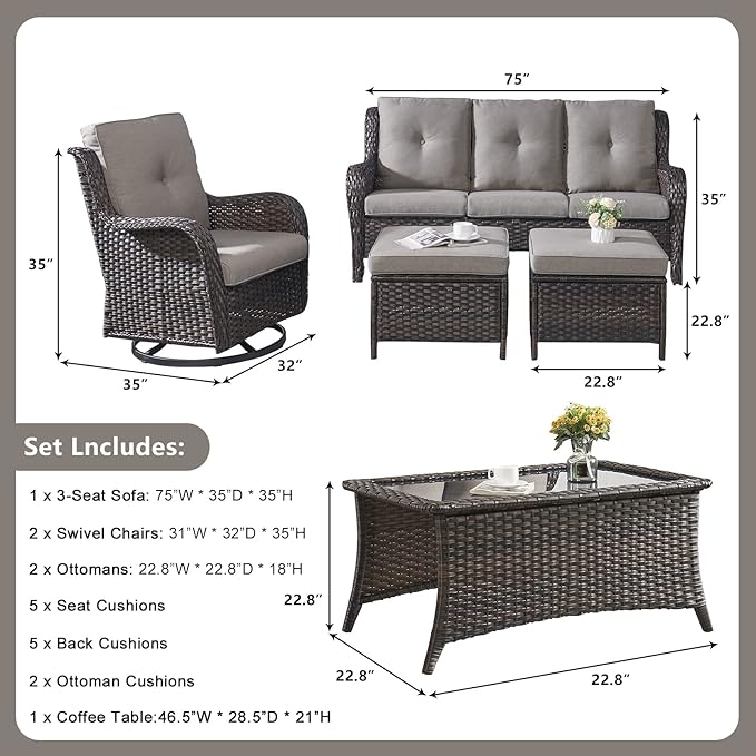 Rilyson Wicker Patio Furniture Set - 6 Piece Rattan Outdoor Sectional Conversation Sets with 2 Swivel Rocking Chairs - Photo 2