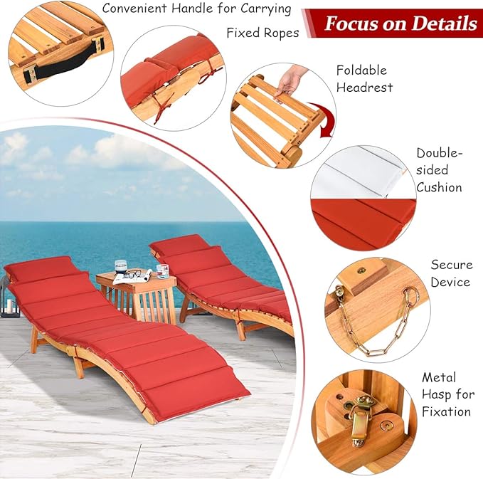 Tangkula 3 Pcs Folding Patio Solid Eucalyptus Wood Lounge Chair Set, Outdoor Lounger Chair w/Foldable Side Table, Double-Sided Cushion Lounger Chairs Set for Garden Lawn Backyard(Red & White)