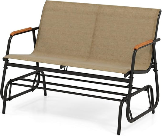 LDAILY Outdoor Glider, 2/3-Person Gliding Bench with Heavy-Duty Metal Frame & Teak Wood Armrests, Breathable Quick-Dry Fabric, 42.5" L x 45" W x 33" H Patio Glider for Poolside, Garden (29”x45”x33”)