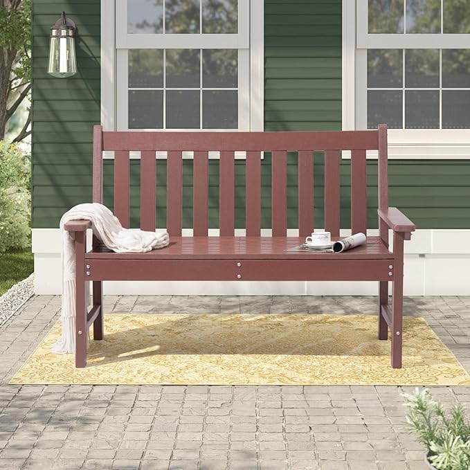 COBANA Outdoor Garden Bench, All Weather HDPE Patio Porch Bench with Faux Wood Grain Pattern, 2-Person Seat for Lawn, Park, Backyard, Entryway, Brown