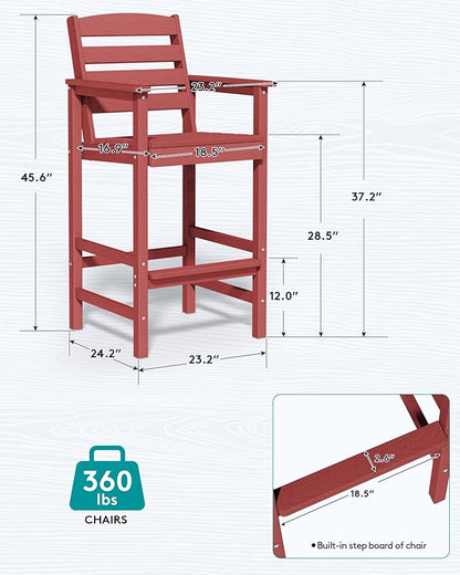SERWALL Tall Adirondack Chairs Set of 2, Balcony Adirondack Chairs Set, Outdoor Bar Height Barstools Chair Set for Bistro, Poolside, Garden, Dark Red