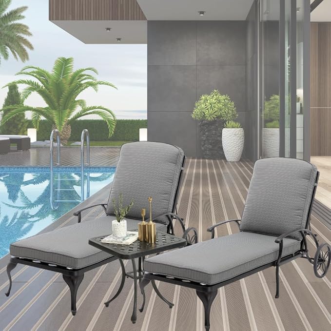 Chaise Lounge Outdoor Chair with Side Table, Adjustable Reclining Rust-Resistant Aluminum Cast Poolside Chaise with Convenient Wheels, Outdoor Lounge Furniture Set of 3, (Grey)