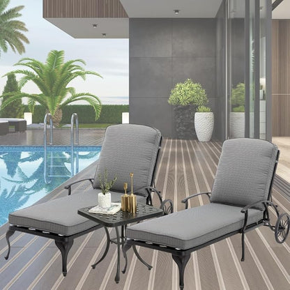 Chaise Lounge Outdoor Chair with Side Table, Adjustable Reclining Rust-Resistant Aluminum Cast Poolside Chaise with Convenient Wheels, Outdoor Lounge Furniture Set of 3, (Grey)