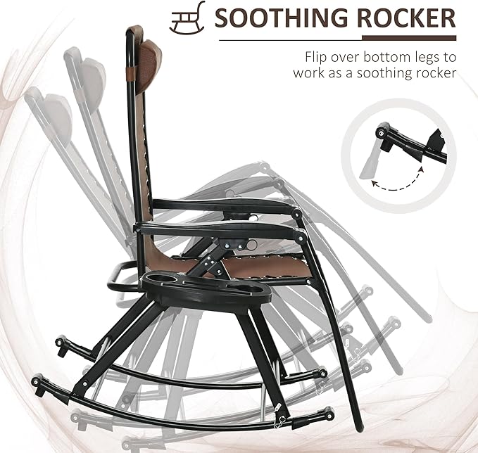 Outsunny Set of 2 Outdoor Rocking Chairs, Foldable Reclining Zero Gravity Lounge Rocker with Pillow, Cup & Phone Holder, Combo Design with Folding Legs, Brown