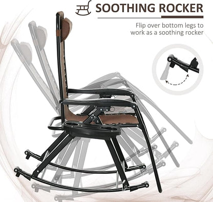 Outsunny Set of 2 Outdoor Rocking Chairs, Foldable Reclining Zero Gravity Lounge Rocker with Pillow, Cup & Phone Holder, Combo Design with Folding Legs, Brown