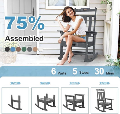 nalone Outdoor Rocking Chairs Set of 2, Oversized Porch Rocker Chair for Adult, All-Weather Resistant Patio Rocking Chair for Garden Lawn(Grey)