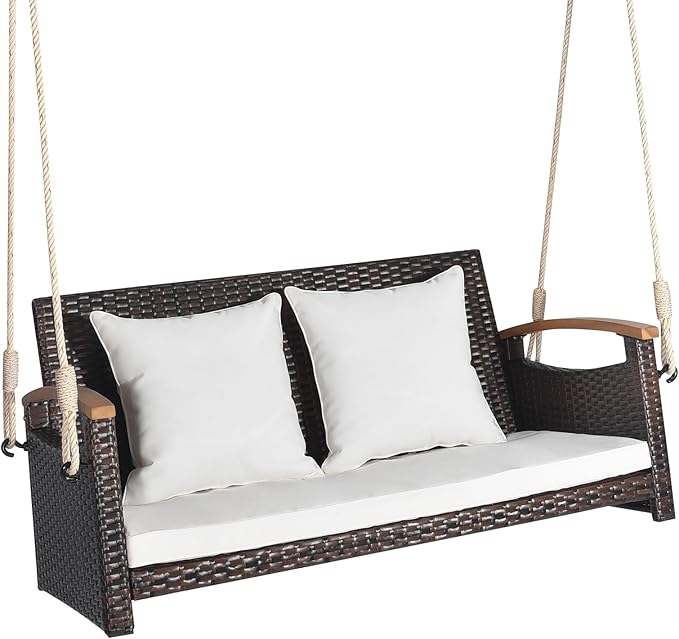 HAPPYGRILL 2-Seater Hanging Swing, Outdoor PE Rattan Hanging Swing with Curved Acacia Wood Armrests, Padded Cushions, Porch Swing Bench, Perfect for Patio Garden Deck, 800 lbs Weigh Capacity