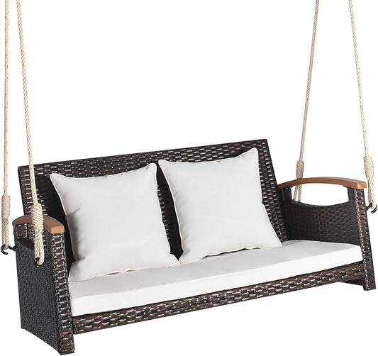 HAPPYGRILL 2-Seater Hanging Swing, Outdoor PE Rattan Hanging Swing with Curved Acacia Wood Armrests, Padded Cushions, Porch Swing Bench, Perfect for Patio Garden Deck, 800 lbs Weigh Capacity