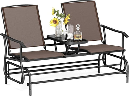 Tangkula 2 Person Swing Glider Chair, Patio Rocking Loveseat w/Center Tempered Glass Table, Outdoor Swing Bench w/Steel Frame & Breathable Mesh Fabric for Porch, Balcony, Poolside (Brown)