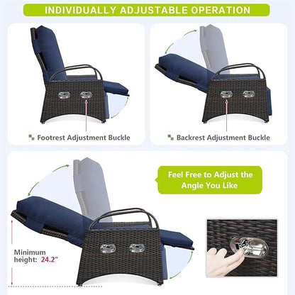 ATR ART TO REAL Outdoor Recliner Chairs, PE Wicker Reclining Lounge Chair with Removable Soft Cushion, Adjustable Outside Recliners for Patio, Porch, Poolside, Balcony, Lawn (Navy Blue, 2 PCS)