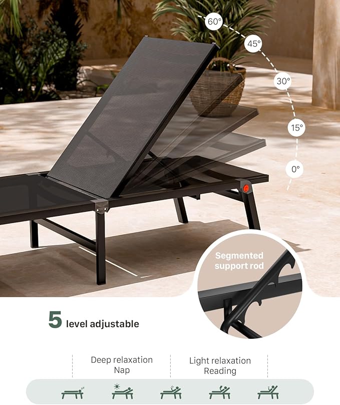 Aluminum Patio Chaise Lounge Chair Set of 2 with Side Table,5-Position Adjustable Backrest,Foldable Lounge Chair Outdoor,Pool Lounge Chairs for Poolside,Lawn,Deck,Beach (Black, 2 Pack+Table)