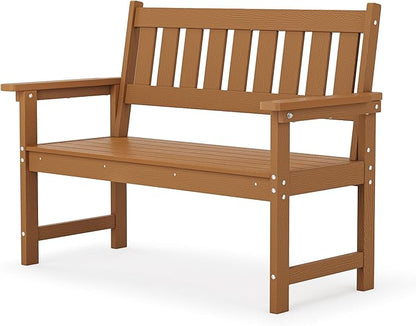 LUE BONA Outdoor Bench, 2-Person HDPS Garden Bench, Outdoor Benches Weatherproof, All-Weather Fade/Rot Resistant Patio Bench for Park, Front Porch, Backyard (Brown-Oil Printed)