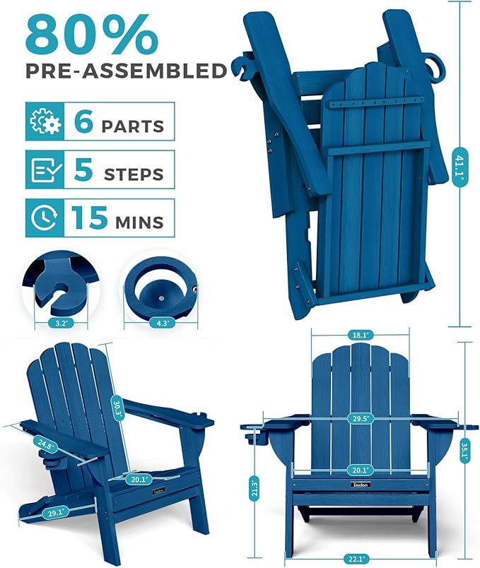 Folding Adirondack Chair, HDPE Adirondack Chair with 2 Cup Holders, Pre-Assembled Outdoor Fire Pit Chairs for Patio - Photo 3