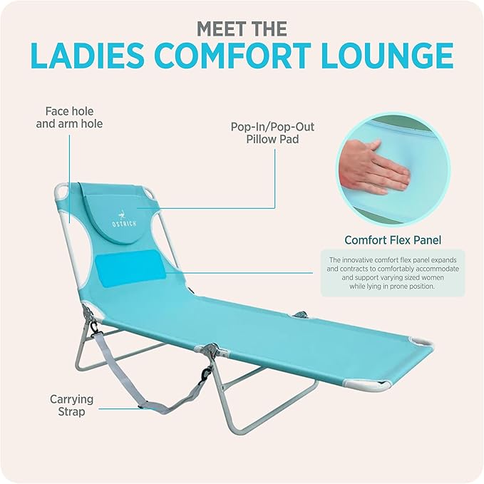 Ostrich the Ladies Comfort Lounger with Chest Support, Foldable and Portable Reclining Outdoor Patio Beach Lawn Camping Pool Tanning Chair, Aqua