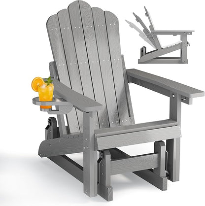 HDPE Outdoor Glider Chair,3-Position Adjustable Backrest Patio Glider, All-Weather Glider Rocker Chair with Cup Holders,Porch Glider for Outside,Deck,Fire Pit, Poolside,400LBS Capacity (Grey)