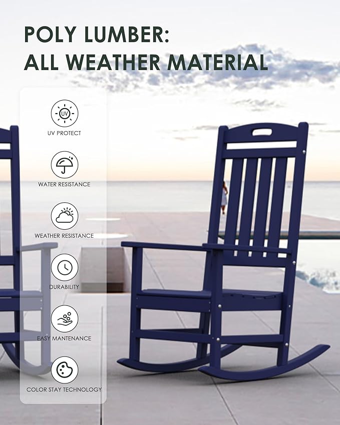 Outdoor Rocking Chair, All-Weather Resistant Poly Lumber Rocker Chair Outdoor, High Back Plastic Patio Rocking Chairs for Outside Porch Rocker Garden Lawn, Navy Blue