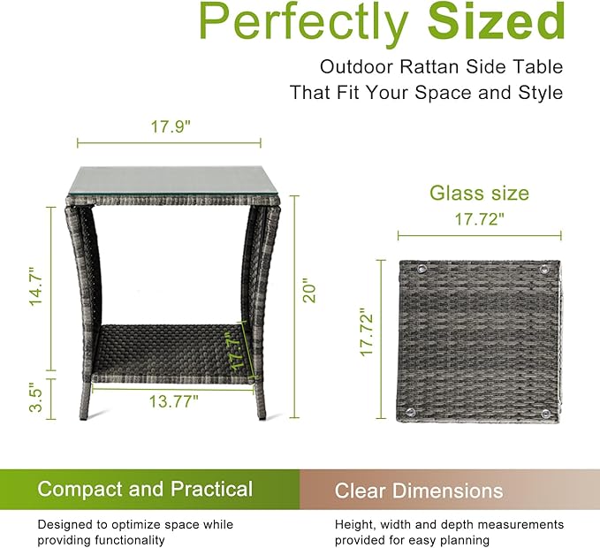 Outvita Outdoor Side Table, Rattan Coffee Table Small End Table with Glass Top Storage for Patio Porch Backyard Balcony