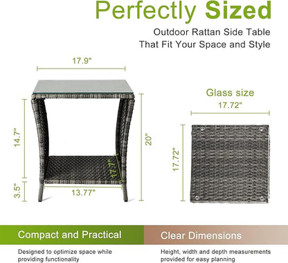 Outvita Outdoor Side Table, Rattan Coffee Table Small End Table with Glass Top Storage for Patio Porch Backyard Balcony