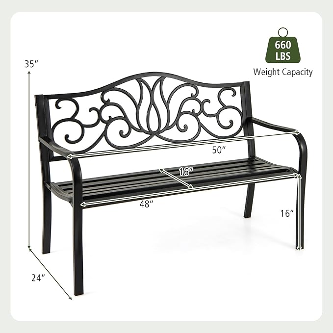 Giantex 50 Inches Outdoor Bench with Floral Pattern, Ergonomic Backrest & Slatted Surface, Metal Frame, 660lbs Capacity, 2-3 People Loveseat, Patio Bench for Park, Garden, Yard, Porch, Outside, Black