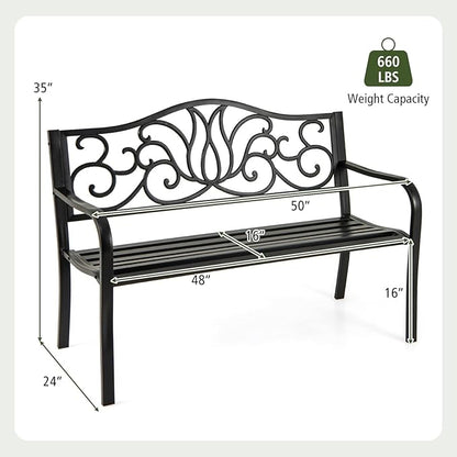 Giantex 50 Inches Outdoor Bench with Floral Pattern, Ergonomic Backrest & Slatted Surface, Metal Frame, 660lbs Capacity, 2-3 People Loveseat, Patio Bench for Park, Garden, Yard, Porch, Outside, Black