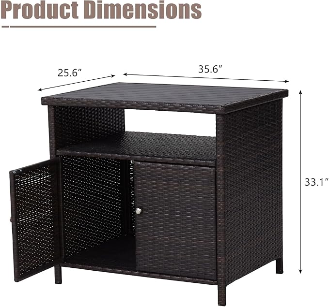 Kinfant Outdoor Wicker Storage Cabinet, Patio Bar Table with Two Doors and Shelves, Weatherproof Wicker Storage Console Table for Outdoor Sofas, Patio Pool Garden Kitchen (Brownish Black)