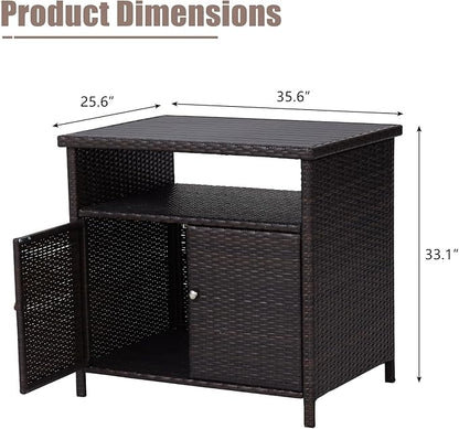 Kinfant Outdoor Wicker Storage Cabinet, Patio Bar Table with Two Doors and Shelves, Weatherproof Wicker Storage Console Table for Outdoor Sofas, Patio Pool Garden Kitchen (Brownish Black)