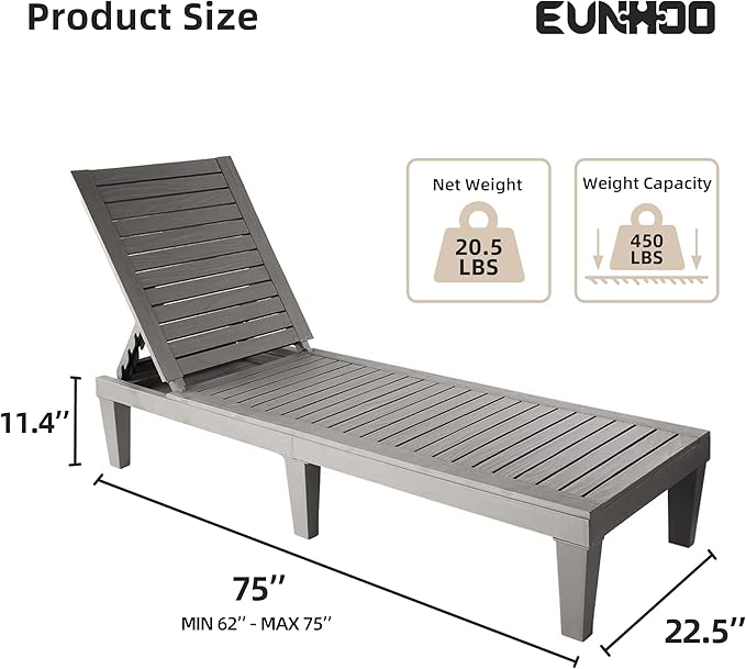 Outdoor Lounge Chaise, Adjustable Pool Lounge Chairs with 5 Positions Backrest - Photo 3