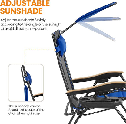 Yaheetech 29in Zero Gravity Chair, Adjustable Patio Padded Anti Gravity Recliner Foldable Outdoor Lounger with Cup Holder Tray, Canopy Shade and Headrest for Beach Camping Navy Blue/Black/1