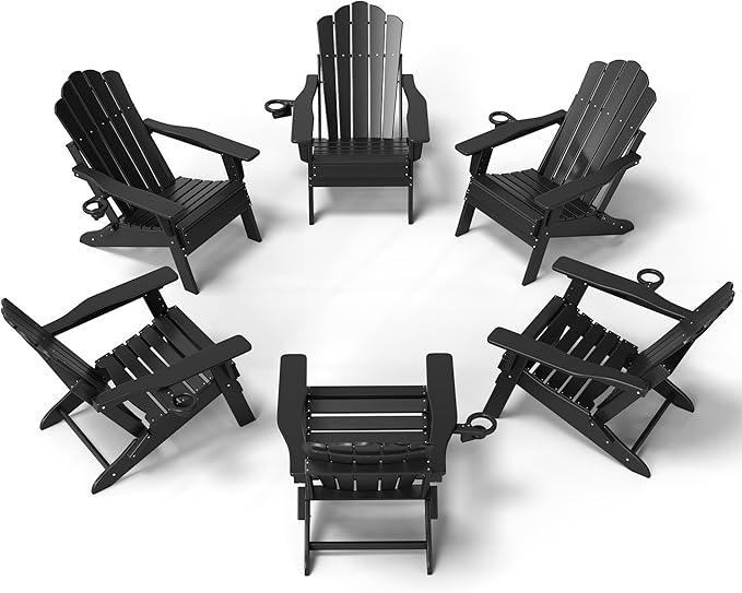 FOOWIN HDPE Adjustable Adirondack Chair Set of 6, 400lbs Heavy Duty Folding Patio Chairs with Cup Holder, 3-Position Reclining Fire Pit Seating, All-Weather Poly Lumber for Backyard, Deck - Black