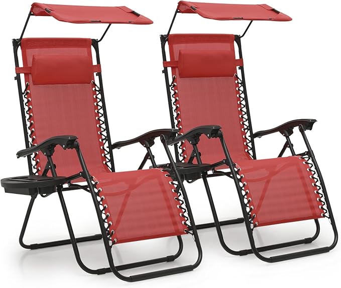 MoNiBloom Zero Gravity Chair Set of 2 with Canopy Shade, Patio Folding Anti Gravity Recliner, Foldable Outdoor Lounger with Cup Holder Tray for Beach Camping, Maroon