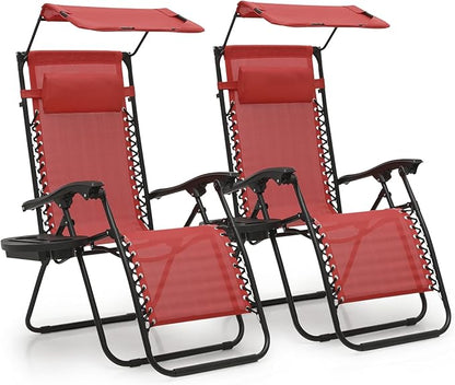 MoNiBloom Zero Gravity Chair Set of 2 with Canopy Shade, Patio Folding Anti Gravity Recliner, Foldable Outdoor Lounger with Cup Holder Tray for Beach Camping, Maroon