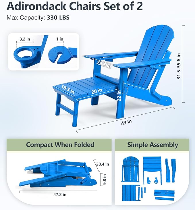 PASAMIC Folding Adirondack Chairs Set of 2 with Retractable Ottoman, 5-Position Adjustable Backrest - Photo 2
