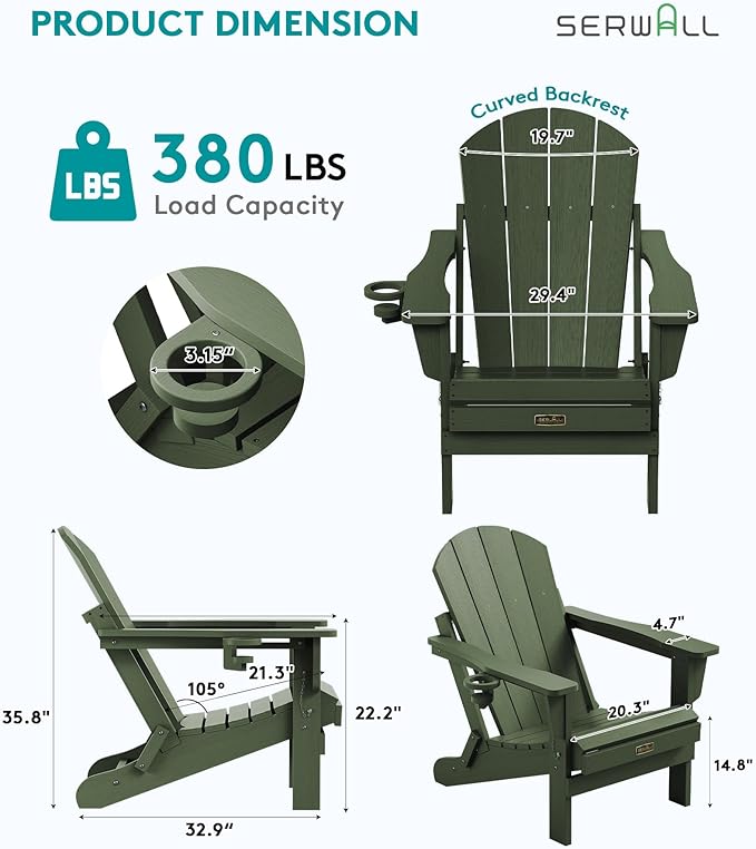 SERWALL Foldable Adirondack Chair with Cup Holder Set of 2 for Patio Garden Outdoors Fire Pit Chairs-Avocadogreen
