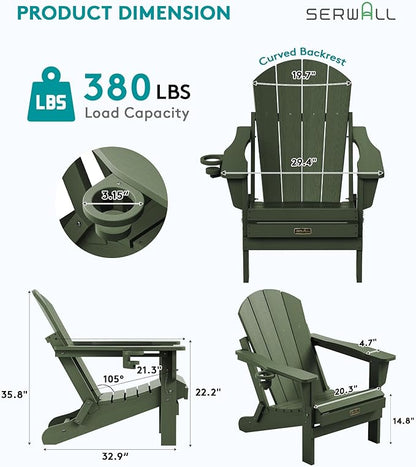 SERWALL Adirondack Chair Set of 4, Weather Resistant HIPS Patio Chairs with Cup Holder for Patio Garden Outdoors Fire Pit- Army
