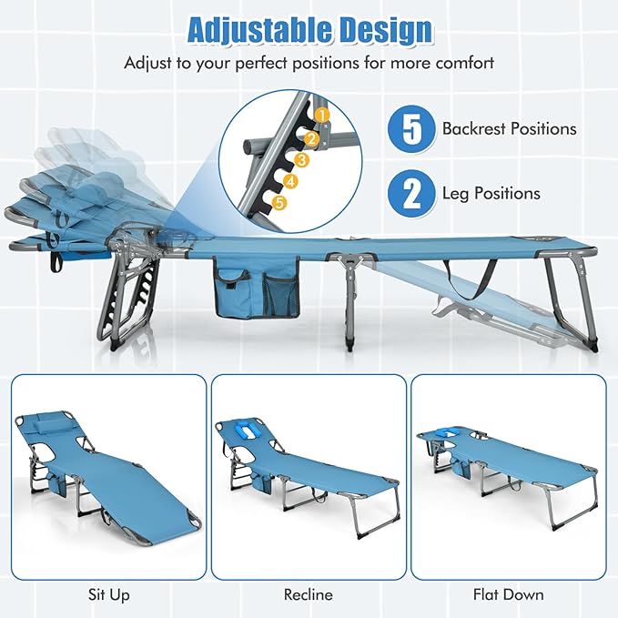 COSTWAY Folding Beach Lounge Chair, Tanning Chair with Face Hole, 5-Position Adjustable Backrest, Pillow & Side Pocket, Foldable Chaise Lounge Outdoor for Sunbathing, Camping (2, Blue)