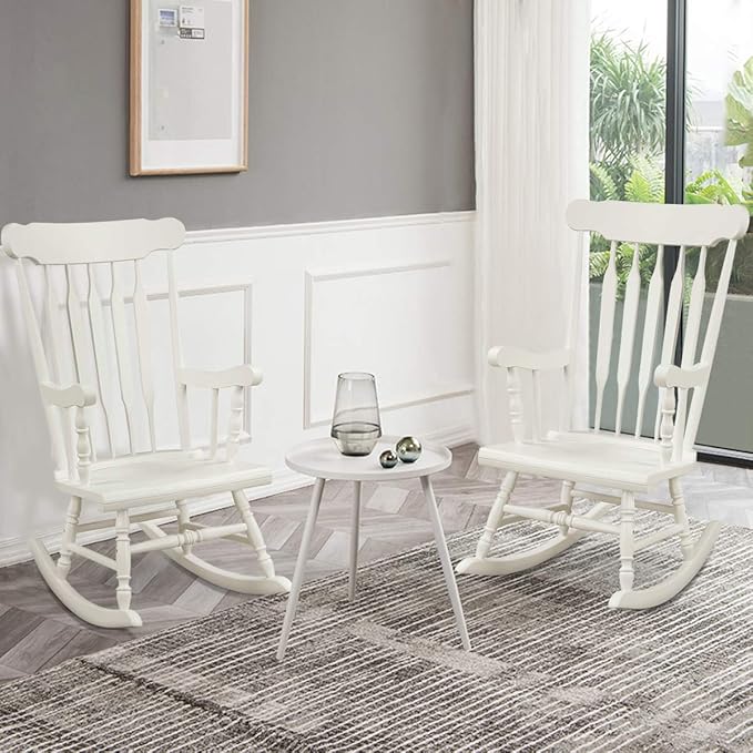 Giantex Outdoor Wood Rocking Chair Set of 2 - Patio Rocking Chair with Rubber Wood Frame, Slat Back, Outside & Indoor Rocker for Garden, Poolside, Balcony, Backyard, Lawn, Front Porch Rocker, White