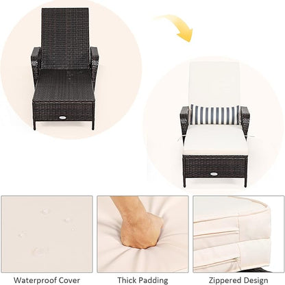 Tangkula Wicker Chaise Lounge Outdoor Set of 2, Patio Rattan Reclining Chaise with 6-Gear Adjustable Backrest, Thick Padded Cushion & Removable Lumbar Pillow, Pool Lounge Chairs for Outside Balcony