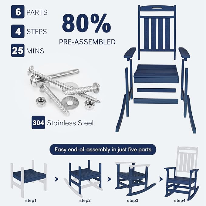 Plawdlik Oversized Rocking Chair,HDPE All-Weather Outdoor Rocking Chair,Patio Rocking Chairs for Porch.Navy Blue