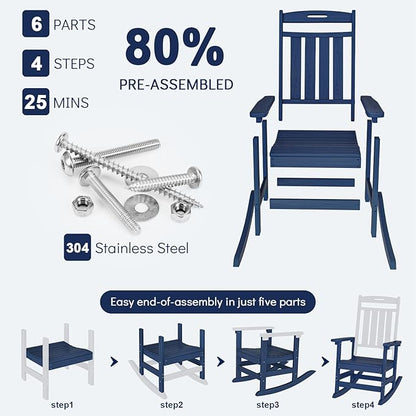 Plawdlik Oversized Rocking Chair,HDPE All-Weather Outdoor Rocking Chair,Patio Rocking Chairs for Porch.Navy Blue