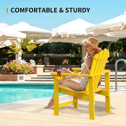 VINGLI Plastic Folding Adirondack Chair with Cup Holder, 100% Recyclable HDPE Material, 380lb Weight Capacity for Outdoor Pool Patio Lounge Chair Lawn Furniture Fire Pit, 2 Pack, Lemon Yellow