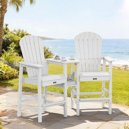 VINGLI Tall Adirondack Chairs Set of 2 with Dual Trays, All-Weather HDPE Outdoor BarStools Poly Deck Chairs for Patio, Poolside and Balcony (White)
