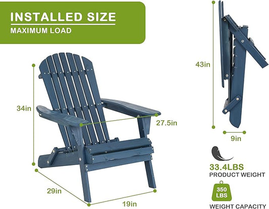 Foldable All-Weather Adirondack Chair, Outdoor Patio Lawn Chair With Wide Armrest, Solid Wood Fire Pit Front Porch Set, 350 Lbs, Navy Blue