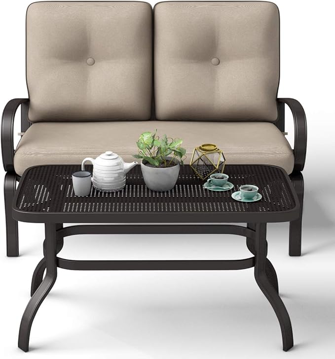 Giantex 2 Pcs Patio Loveseat with Coffee Table Outdoor Bench with Cushion and Metal Frame, Loveseat Furniture Set Sofa for Garden, Yard, Patio or Poolside