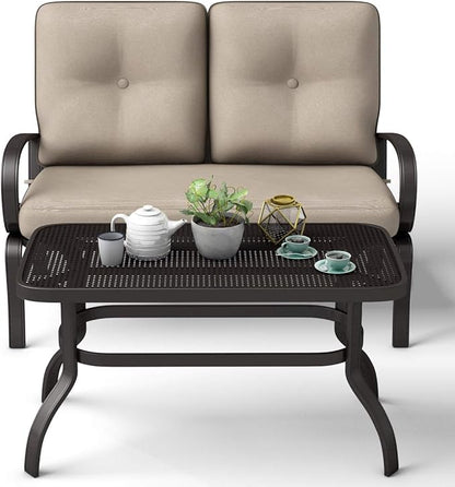 Giantex 2 Pcs Patio Loveseat with Coffee Table Outdoor Bench with Cushion and Metal Frame, Loveseat Furniture Set Sofa for Garden, Yard, Patio or Poolside