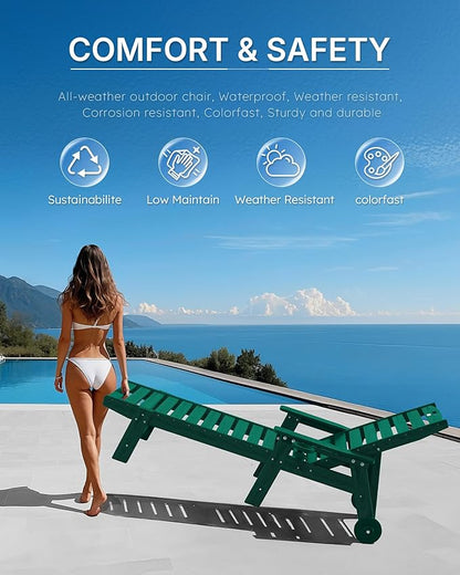 Chaise Lounge Chair Outdoor with Wheels, Oversize Patio Lounge Chairs with Wood Texture, 5-Position Plastic Lounge Chairs Set of 4-Green(Separate Delivery)